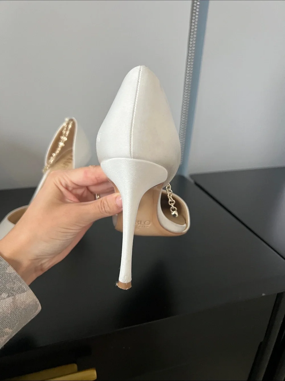 Harlow White Pointed D'Orsay Heels with Crystal Strap